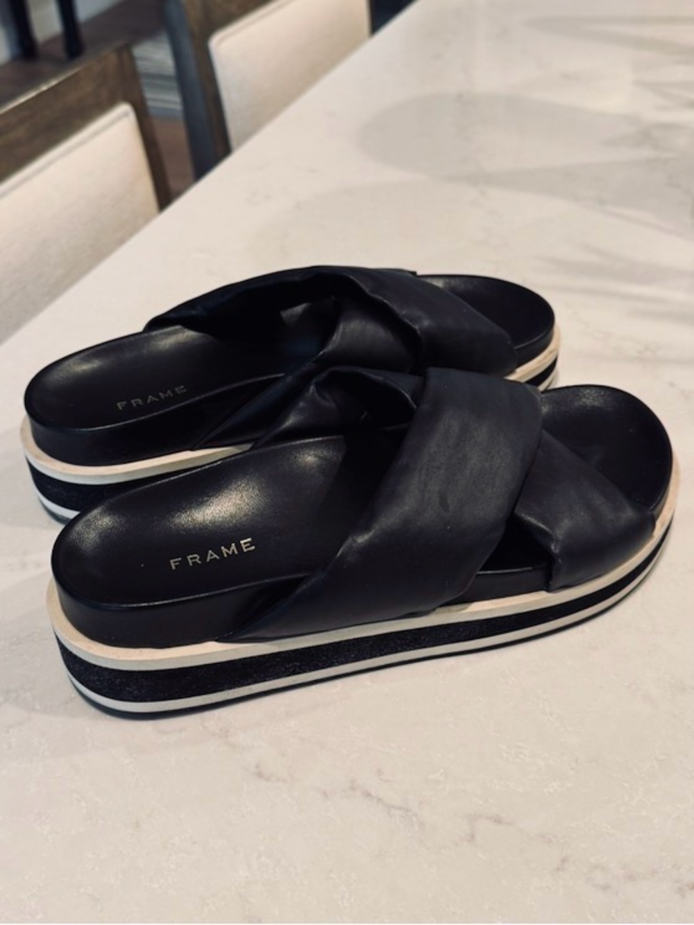 FRAME Black Leather Platform Slide Sandals